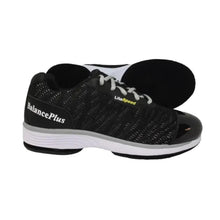 Load image into Gallery viewer, A pair of black BalancePlus LiteSpeed athletic shoes with white laces, a white and gray sole, and a black toe cap, shown against a plain white background.