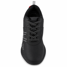 Load image into Gallery viewer, A black curling shoe with textured black-and-white speckled laces, shown from a top-down view on a white background.