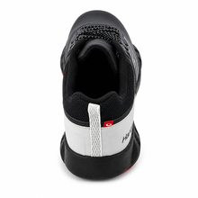 Load image into Gallery viewer, A black curling shoe shown from a rear three-quarter view, featuring a white heel pull tab with a small red logo and black branding, set against a plain white background.