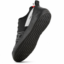 Load image into Gallery viewer, A black and white curling shoe shown from a three-quarters angle, highlighting its textured black sole and white side panel with the brand name 'HardCord' printed on it.