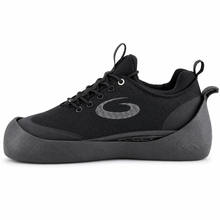 Load image into Gallery viewer, Black curling shoe with a gripper attached with white sole on a white background