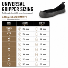 Load image into Gallery viewer, Universal gripper sizing chart with a shoe illustration and actual measurements in millimeters for length and width across sizes XXXS to XXL.