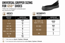 Load image into Gallery viewer, A sizing chart graphic for universal gripper shoes, showing conversion tables for men's and women's shoe sizes with a black shoe illustration at the top right. The chart includes French text and size ranges from XXS to XXXS.