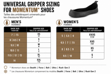 Load image into Gallery viewer, Universal gripper sizing chart for Momentum shoes, showing a shoe silhouette and tables mapping men's and women's shoe sizes to gripper sizes from XS to XXXS.