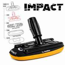 Load image into Gallery viewer, Goldline Impact curling head with a black handle, black and yellow base, and a white background with exploded line drawings showing included parts: complete head, head, base, foam, and sleeve.