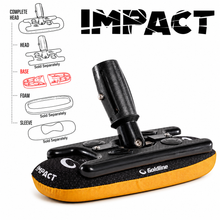 Load image into Gallery viewer, Goldline IMPACT brush head attachment with a black handle and black foam base, shown on a white background with a diagram explaining that the head, base, foam, and sleeve are sold separately.