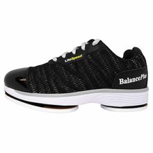 Load image into Gallery viewer, A black BalancePlus LiteSpeed athletic shoe with a textured knit upper, white laces, a black toe cap, and a white and gray sole, shown from a side profile on a white background.