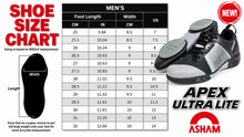 Load image into Gallery viewer, A shoe size chart graphic for the APEX Ultra Lite cycling shoes by Asham, featuring a size table for men's foot lengths and widths, a black shoe silhouette diagram, and two black and gray curling shoes on a white background with red and black text.