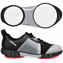 Load image into Gallery viewer, Black and gray ASHAM curling shoe shown from the side and bottom, with a red outsole accent, on a white background.
