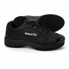 Load image into Gallery viewer, A pair of black Balance Plus work shoes, with one shoe shown from the side profile and the other from the sole view, on a white background.