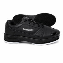 Load image into Gallery viewer, A pair of black BalancePlus bowling shoes shown from the side, with one shoe standing upright and the other lying on its back to display the sole. The shoes feature a glossy leather upper, black laces, and a white outsole.