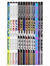 Load image into Gallery viewer, A set of 12 Balance Plus bicycle handlebar shifters in various color combinations, arranged vertically against a plain white background.