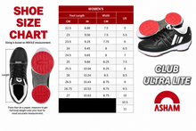 Load image into Gallery viewer, A shoe size chart for women's ASHAM Club Ultra Lite sneakers, showing a size table alongside a shoe diagram with red sole insets. The shoes are black with red and white accents.