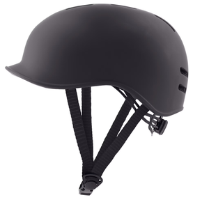 Black helmet with chin strap on a white background