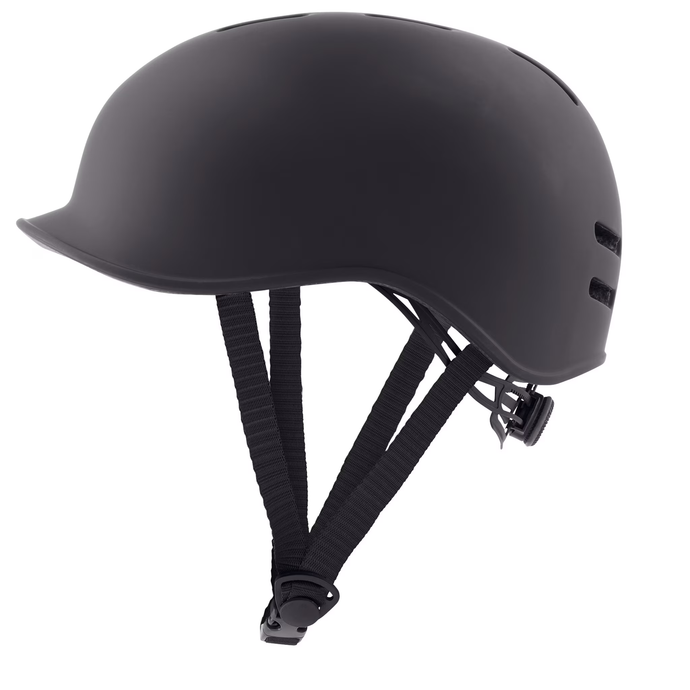 Black helmet with chin strap on a white background