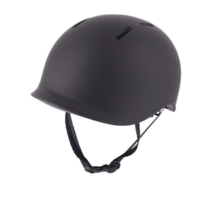 Black helmet with chin strap on a white background
