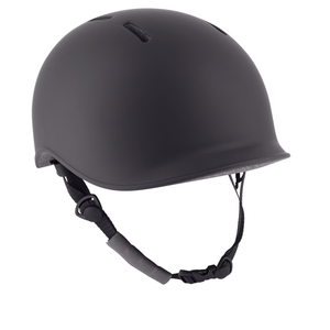 Black helmet with chin strap on a white background