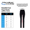 Hardline Curling Swedish Cut Yoga Pants women's sizing chart with a measurement diagram showing waist and inseam measurements, alongside a black pair of leggings on a white background.