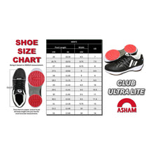 Load image into Gallery viewer, A shoe size chart and sizing guide for Asham Club Ultra Lite sneakers, featuring a size conversion table, a diagram of a foot measuring onto sizing paper, and a black and red shoe on a white background.