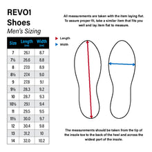 Load image into Gallery viewer, Men's sizing table for REVO1 Shoes with measurements in centimeters and inches for sizes 7 to 14, plus a diagram showing how to measure length and width on a shoe's insole.