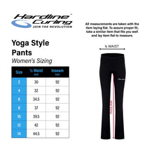 Load image into Gallery viewer, Sizing chart for Hardline Curling Yoga Style Pants, showing a measurement guide with a size table from 2 to 14, plus a diagram of black pants indicating waist and inseam measurements.